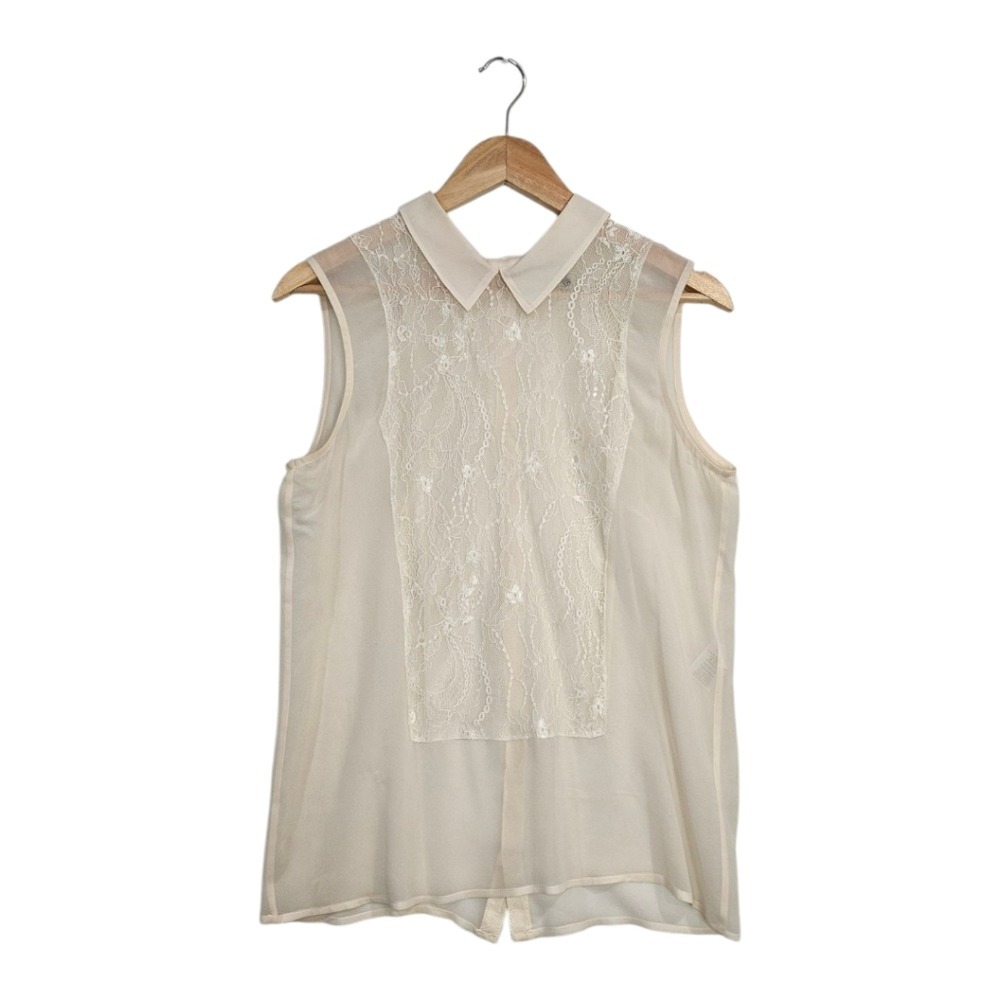 Maje Womens Cream 100% Silk Lace Inset Sleeveless Button Back Top EU 3 / US L